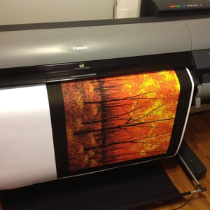 K&ouml;nnte beinhalten: Ein Canon iPF8300 Gro&szlig;formatdrucker, der ein Landschaftsbild druckt. Der Druck zeigt einen feurigen orange-gelben Himmel mit silhouettenartigen B&auml;umen. Der Drucker ist grau und schwarz, mit einem Bedienfeld auf der rechten Seite.