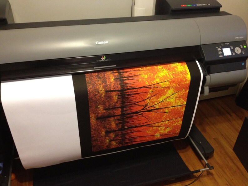 K&ouml;nnte beinhalten: Ein Canon iPF8300 Gro&szlig;formatdrucker, der ein Landschaftsbild druckt. Der Druck zeigt einen feurigen orange-gelben Himmel mit silhouettenartigen B&auml;umen. Der Drucker ist grau und schwarz, mit einem Bedienfeld auf der rechten Seite.