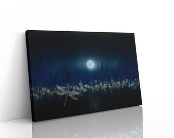 Dragonfly Painting, Landscape Painting, Original Nature Painting, Dark Blue