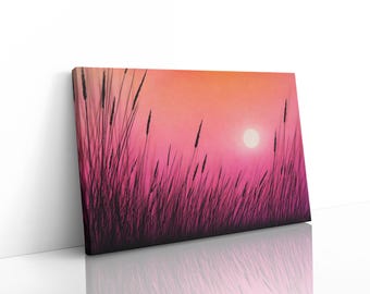 Wild Grasses Sunset Landscape Art Print, Timeless Tranquility, Pink