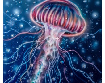 Jellyfish Painting Original, Red Jellyfish Decor, Nautical Decor, Underwater Art