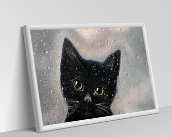 Black Kitten Art Print, "Can Eyes Come In", Giclee Canvas or Paper
