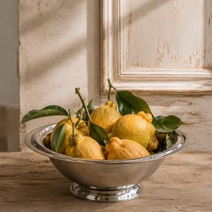 Peut inclure: Un bol sur pied en argent poli rempli de plusieurs citrons jaunes texturés avec des feuilles vertes attachées. Le bol présente un bord large et arrondi ainsi qu'une base circulaire robuste, offrant une surface réfléchissante contrastée.