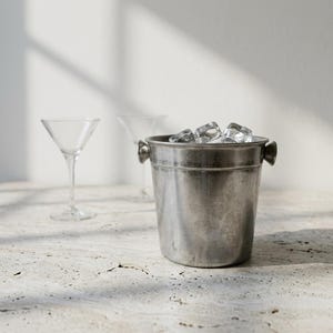 Peut inclure: Un seau à glace en acier inoxydable rempli de glaçons, avec deux verres à martini en arrière-plan. Le seau à glace a deux petites poignées de chaque côté. La scène se déroule sur une surface texturée et claire.