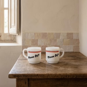 Vintage Arcopal Coffee Mug Set of 2, French Milk Glass Espresso Cups, Made in France, Bistro Mug Pair / Lot of 2 Arcopal cups