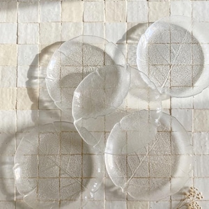 Peut inclure: Ensemble de cinq assiettes en verre transparent, chacune en forme de feuille avec des détails de veines complexes. Les assiettes sont disposées sur une surface carrelée blanche, avec une petite brindille de fleurs séchées. Diamètre d'environ 25 cm.