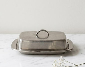 Burriera vintage in acciaio inox con coperchio, stoviglie da bistrot francese, decorazioni minimaliste per la cucina, burriera vintage in acciaio inox