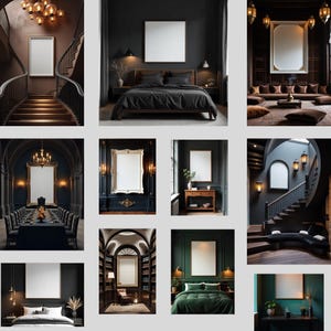 Dark Interior Wall Art Mockup Bundle: Boho Frame & Poster Scenes