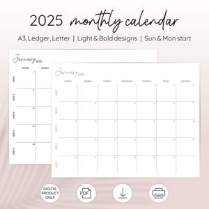 2025 Printable monthly calendar - Letter Ledger A3 - minimalist calendar - Sunday and Monday start - Light and Bold design