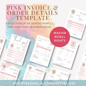 May include: A collection of six pink and blue invoice templates with the text "Pink Invoice & Order Details Template" and "Master Resell Rights". The templates feature a watercolor background and are designed for small businesses.