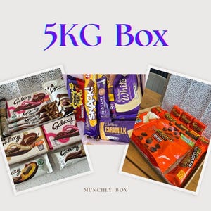 Puede incluir: Una caja de barras de chocolate y caramelos variados, incluyendo marcas Galaxy, Reese's y Cadbury. La imagen muestra una variedad de barras de chocolate y caramelos en su embalaje original. El texto "5KG Box" se muestra en morado y azul. El texto "MUNCHLY BOX" se muestra en la parte inferior.