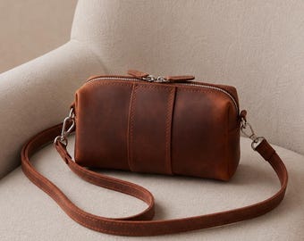 Small Leather Crossbody Bag, Personalized Phone Bag, Mini Crossbody Purse for Women, Leather Shoulder Bag, Compact Everyday Bag