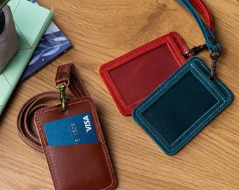 Personalized leather id holder, Id holder with lanyard, Leather id badge cover, Custom leather badge holder, Office badge holder, Badge case