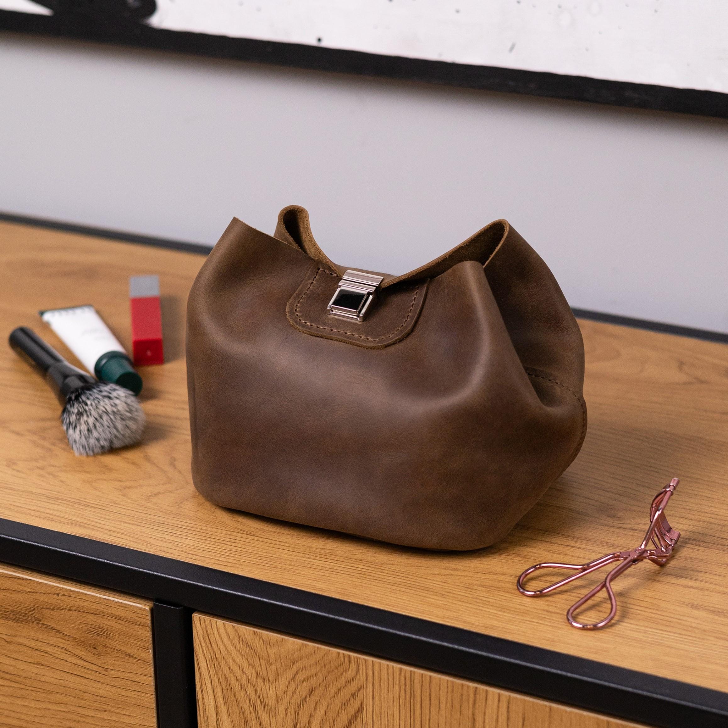 Monogrammed leather cosmetic bag, Womens toiletry bag, Travel cosmetic bag, Large cosmetic bag personalized, Leather makeup bag women