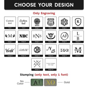 May include: A product design selection guide with options for engraving and stamping. The guide includes various fonts, symbols, and text options, such as initials, badges, and custom text. The guide also shows color options.