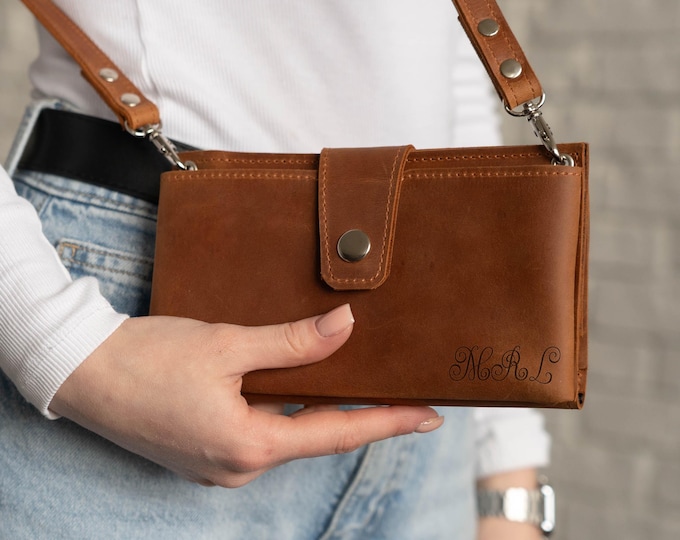 Leather crossbody phone wallet, Leather wallet with strap, Personalized wallet bag, Womens crossbody wallet, Leather phone wallet purse