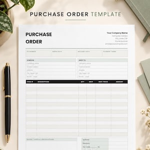 Puede incluir: Una plantilla de orden de compra blanca con texto y encabezados en negro. El formulario incluye campos para información del proveedor y de envío, descripciones de artículos, cantidades, precios unitarios y totales, además de notas y firmas.