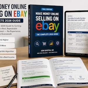 Könnte beinhalten: Ein dunkelblaues Buch mit dem Titel Make Money Online Selling on eBay The Complete 2026 Guide, zusammen mit einem aufgeschlagenen Buch, einem Tablet und einem Smartphone, die denselben Leitfaden zeigen, sowie einer weißen Tasse auf einem Holztisch.