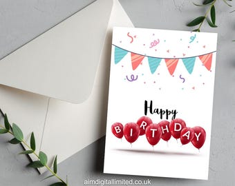 Vikbart födelsedagskort – Röd ballongdesign | Utskrivbart digitalt gratulationskort