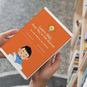 May include: An orange book cover with the title "Learn SQL: Easy Way to Get Started" and a cartoon illustration of a boy reading. The book is held in a person's hands, with a bookshelf in the background.