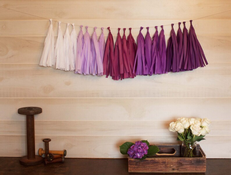 ASSEMBLED Purple Ombre Garland Tissue Paper Tassels Garland Kit Choose your quantity Sets of 6 to 50