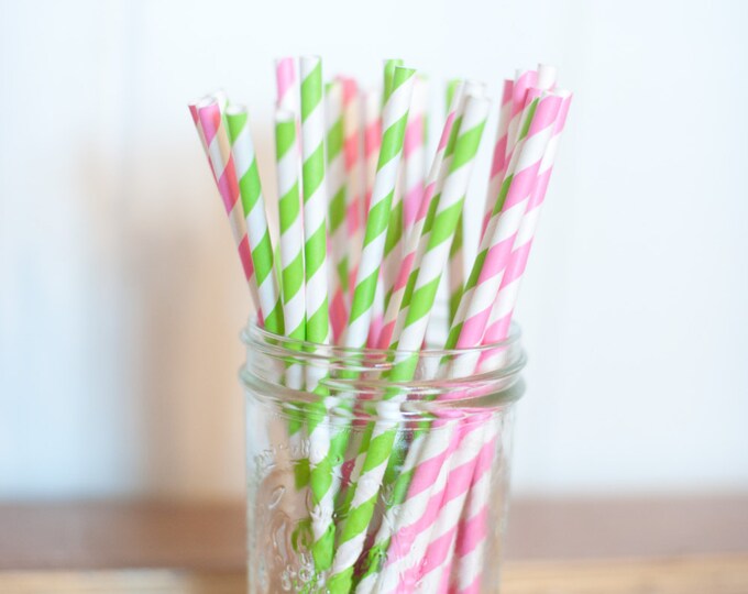 30 Paper Straws.... Pink and Green Striped Paper Straw Mix Etsy