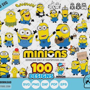 Puede incluir: Una colección de personajes Minion amarillos con overoles azules, que presentan varias poses, expresiones y accesorios. La imagen incluye el texto MINIONS, 100 DESIGNS y SVGPOPSTORE.COM, presentado como un archivo gráfico digital para proyectos.