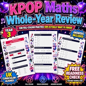 Op de afbeelding: Een KPOP Maths Whole-Year Review educatief hulpmiddel voor groep 5 met drie werkbladen met breukenoefeningen, versierd met kleurrijke muziekthema-afbeeldingen, discoballen en microfoons op een donkere achtergrond met tekst.