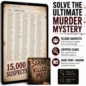 Può includere: Un gioco di mistero intitolato Sarah Killed Me che mostra una lista di 15.000 sospettati su uno schermo di tablet, una scatola di gioco con testo insanguinato e grafiche informative che spiegano il processo di gioco con indizi criptici.