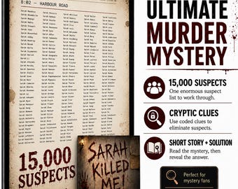 Könnte beinhalten: Ein Krimispiel mit dem Titel Sarah Killed Me, das eine Liste von 15.000 Verdächtigen auf einem Tablet, eine Spielschachtel mit blutartigem Text und Infografiken zeigt, die den Spielablauf mit kryptischen Hinweisen zur Lösung des Rätsels erklären.