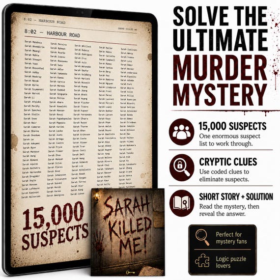 Sarah Killed Me! Murder Mystery Logic Puzzle, 15k Suspect Elimination Detective Game, iPad/Printable PDF, Digital Whodunit -Digital Download