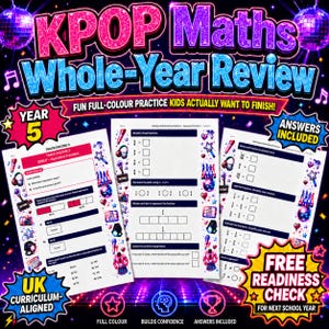 May include: A KPOP Maths Whole-Year Review Year 5 educational resource featuring three white worksheets with math problems, decorated with colourful music-themed graphics like disco balls, microphones, and headphones on a dark background.