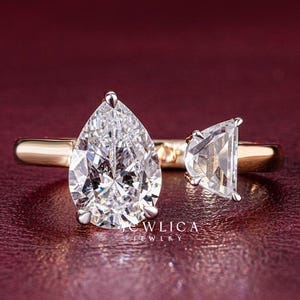 Toi-et-moi-ring, peer en halve maan geslepen moissanietring, twee stenen verlovingsring, trouwring, jubileumcadeau voor haar, bruidsset
