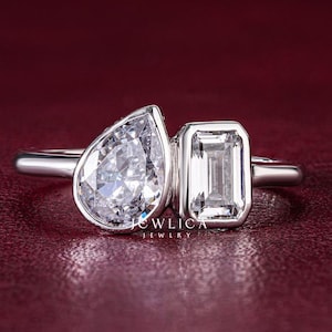 Toi et Moi-ring verlovingsring, twee stenen beloftering, 14K goudzilveren moissaniet ring dubbele stenen trouwring, jubileumcadeau