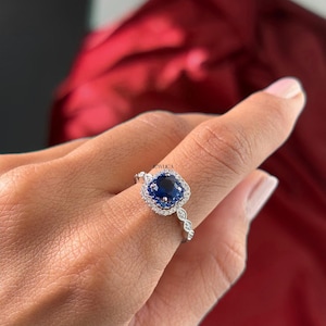 Blue Sapphire Gemstone Ring, Cushion Cut Moissanite Engagement Ring 14k Gold Moissanite Ring Halo Ring Birthday Gift Ring