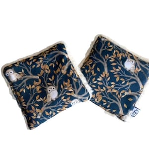 May include: Two square decorative pillows with a dark blue background featuring a tree and owl design. The tree has gold-colored leaves and branches. The pillows have a white, fluffy border.