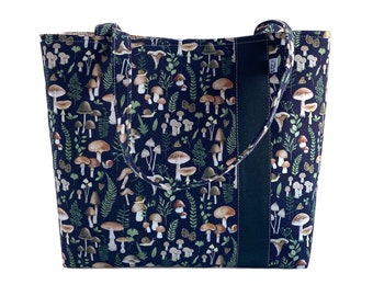 Cottage core mushroom print tote bag with pockets, large cotton tote bag, big tote bag with pockets, shoulder bag, fabric handbag