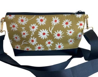 Small Crossbody Bag in Olive Daisy Floral Print with adjustable strap / Field of Daisy