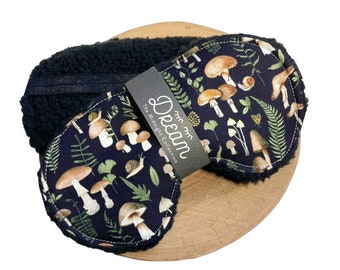 Light Blocking Sleep Mask: Mushroom Print, Black Sherpa Backing