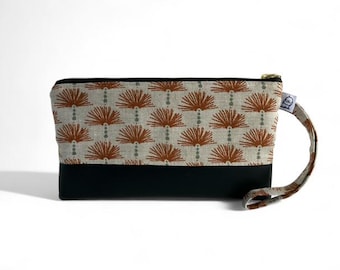 Nature Print Cotton Wristlet Clutch: Vegan Leather Base, Brass Zipper
