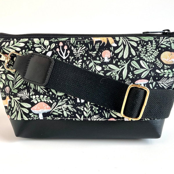 Cottage Core Small Crossbody Bag in Green Fox and mushroom Print with adjustable strap