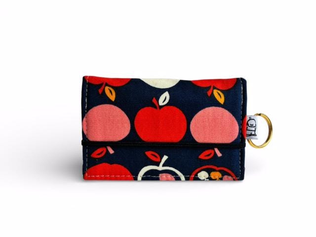 Red Apple Cotton Canvas Card Wallet: Vegan Bifold with Key Ring