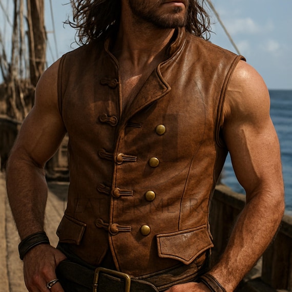 Handmade Brown Leather Pirate Vest: Steampunk Renaissance Cosplay