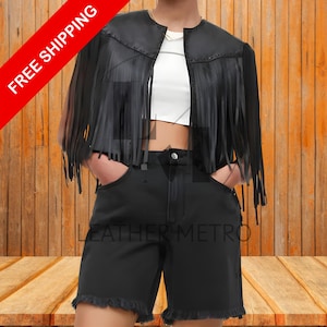 Leather Vest, Women&#39;s Western Fringe Vest, Black Fringe Vest, Cowgirl Clothing, Mini Western Vest, Vintage Fringed Suede Vest, Handmade