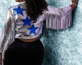 Metallic Fringe Jacket, Silver Lightning Bolt, Cropped Festival Outfit