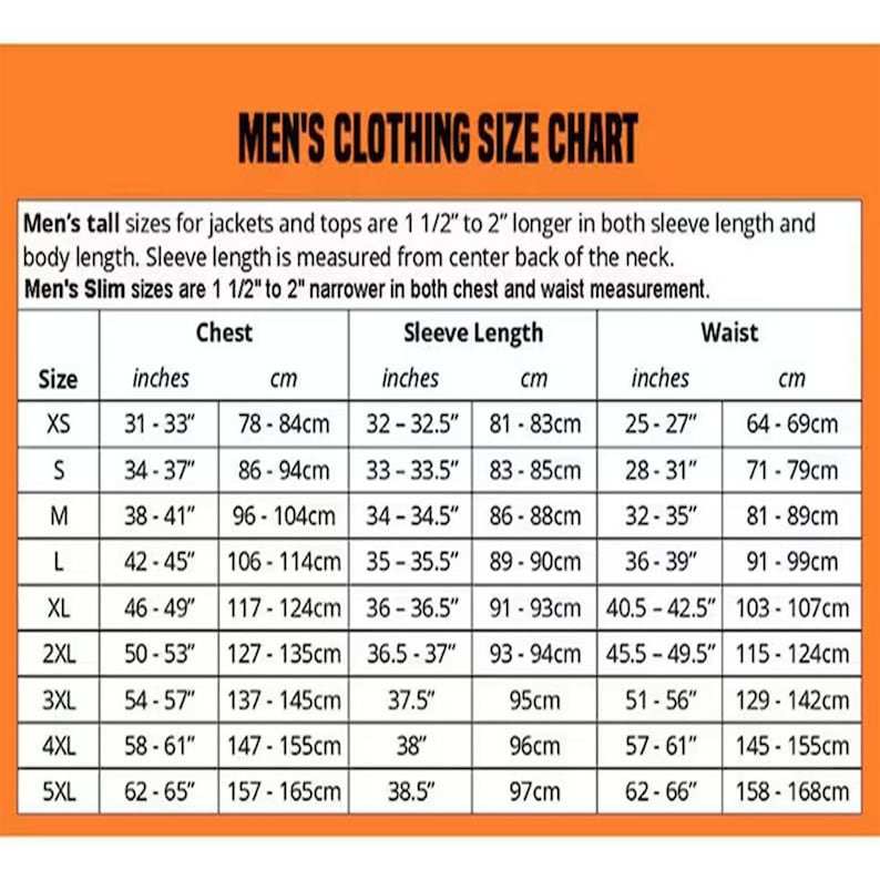 Pode incluir: Tabela de tamanhos de roupa masculina com medidas em polegadas e cent&iacute;metros. Inclui medidas de peito, comprimento da manga e cintura, do XS ao 5XL. O comprimento da manga &eacute; medido a partir do centro das costas do pesco&ccedil;o.