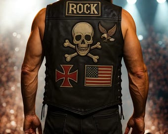 Mens Black Leather Biker Vest: Skull Patch, Punk Rock Waistcoat