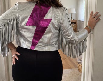 Metallic Fringe Jacket, Pink Lightning Bolt, Cropped Festival Vest