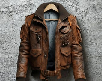 Mens Vintage Brown Leather Bomber Jacket, Handmade Military Style