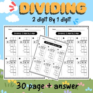 2 Digit by 1 Digit Long Division Worksheets (2 digit answer)